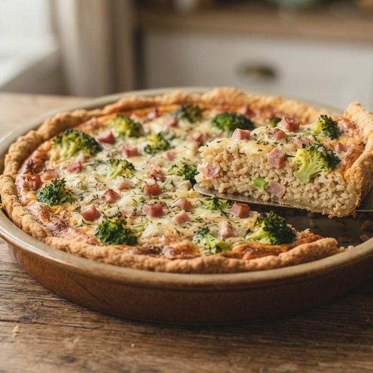 Magere broccoli-rijsttaart met achterham en zilvervliesrijst