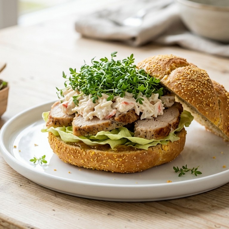 Maisbol met krabsalade, kipfilet en tuinkers