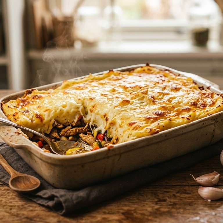 Makkelijke ovenschotel met shoarmavlees en knoflookpuree