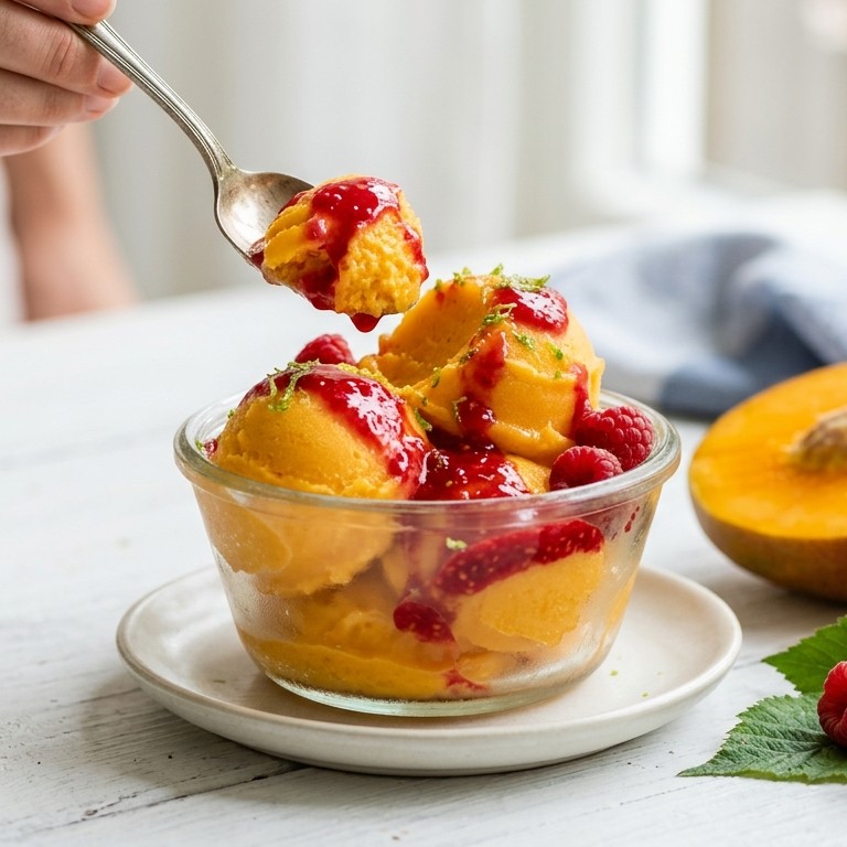 Mango-limoensorbet met verse frambozensaus