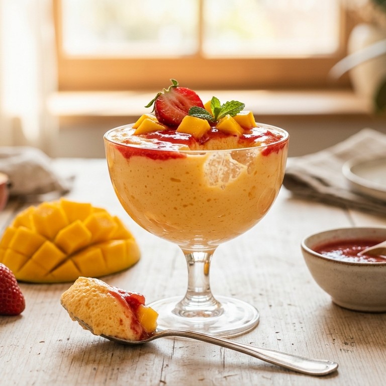 Mangomousse met aardbeiensaus