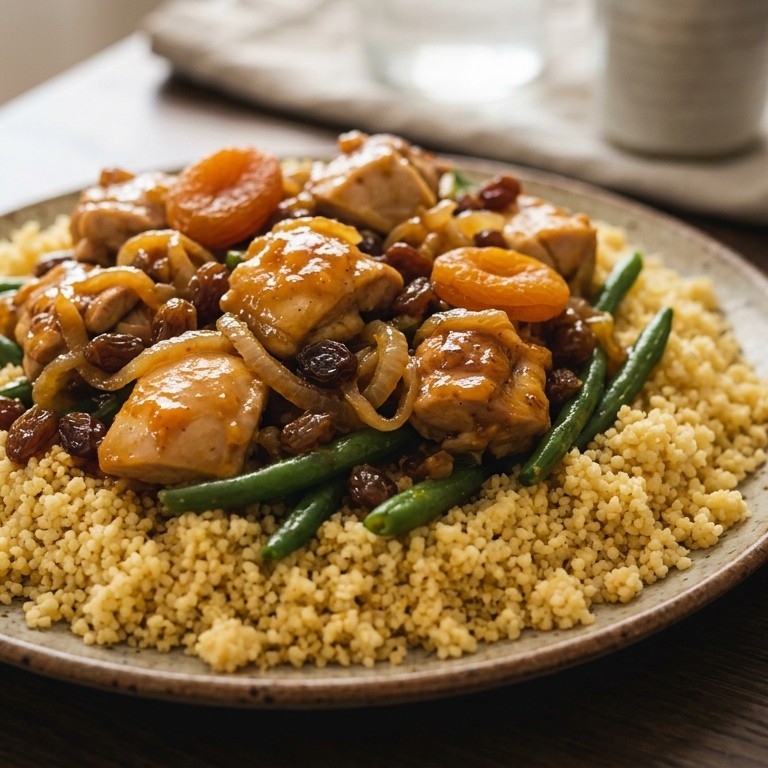 Marokkaanse couscous met kipfilet in abrikozenjus