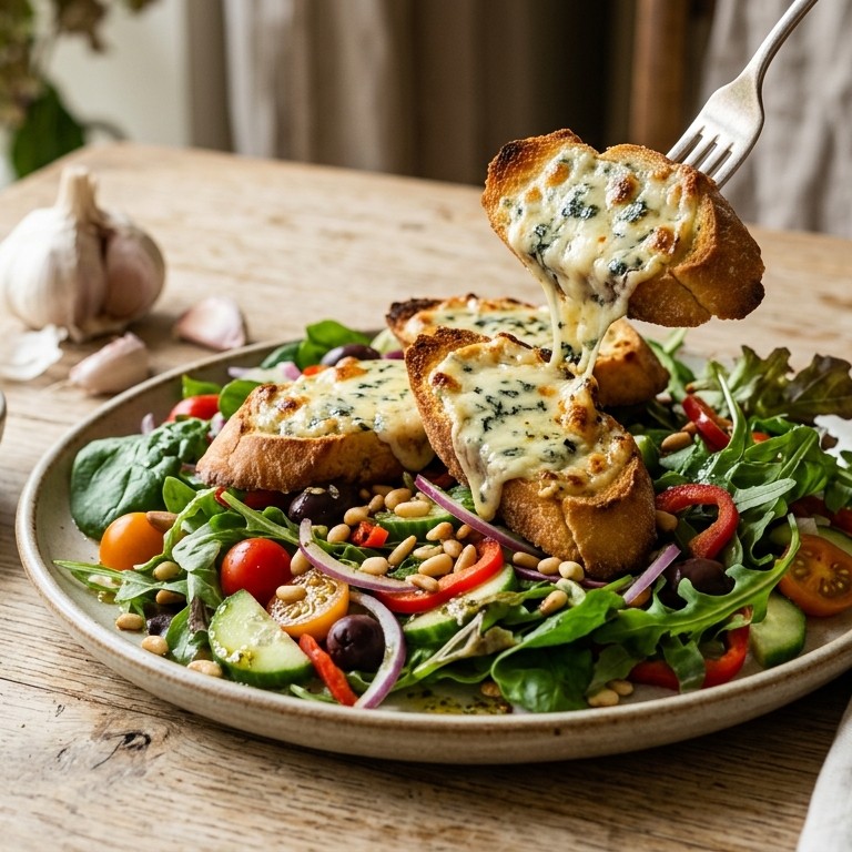 Mediterrane salade met blauwe kaascrostini