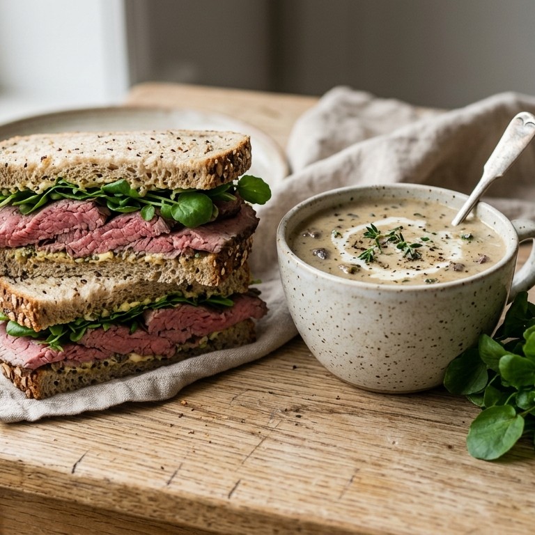 Meergranen sandwich met rosbief en bospaddestoelensoep