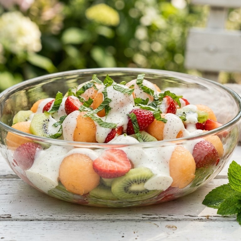 Meloen -aardbeiensalade met munt-yoghurtsaus