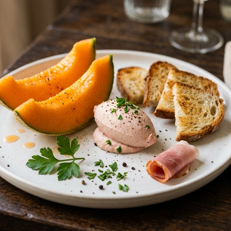 Meloen met mousse van ham