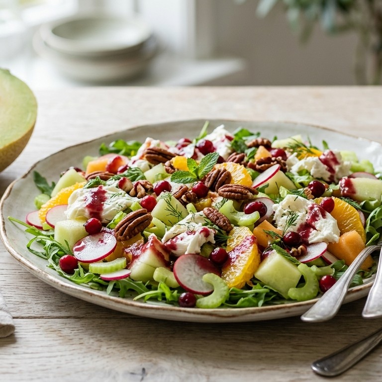 Meloen-sinaasappelsalade met noten en cranberryvinaigrette