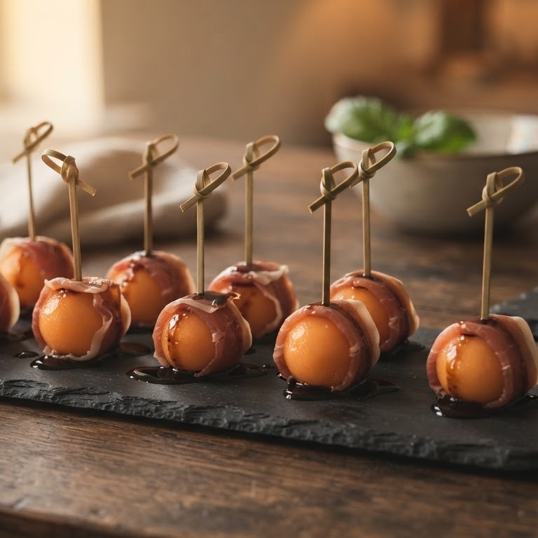 Meloenbolletje in rauwe ham met port