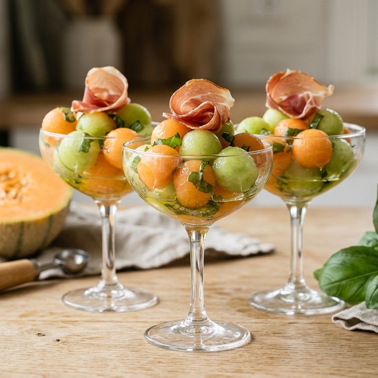 Meloencocktail met basilicum en serranoham