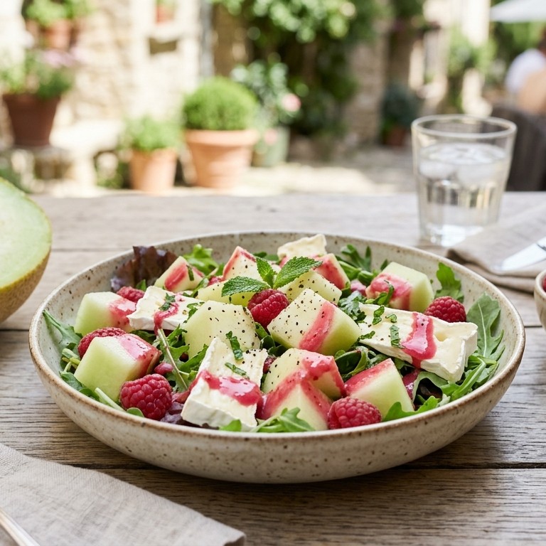 Meloensalade met brie en frambozendressing