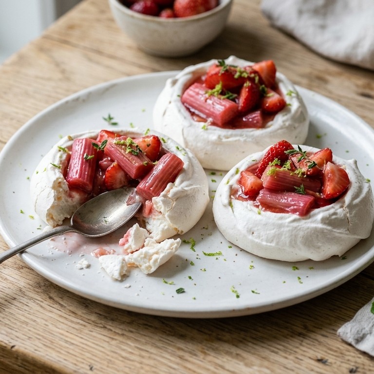 Merengue met rabarber een aardbei