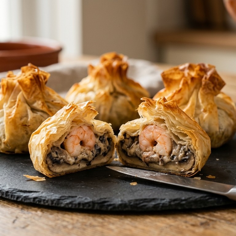 Met gamba’s gevulde champignons in filodeeg