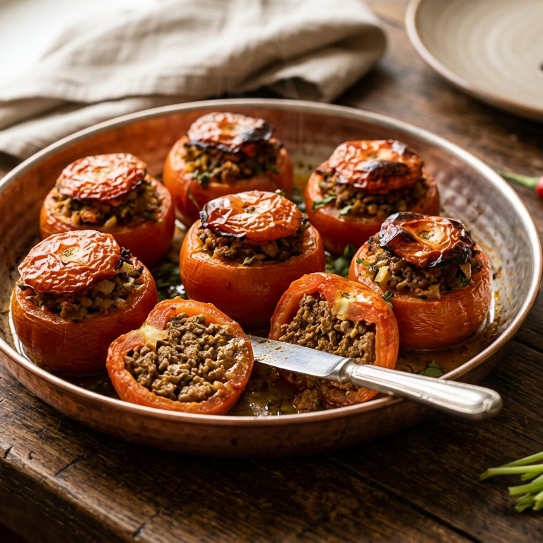 Met pittig gehakt gevulde tomaten