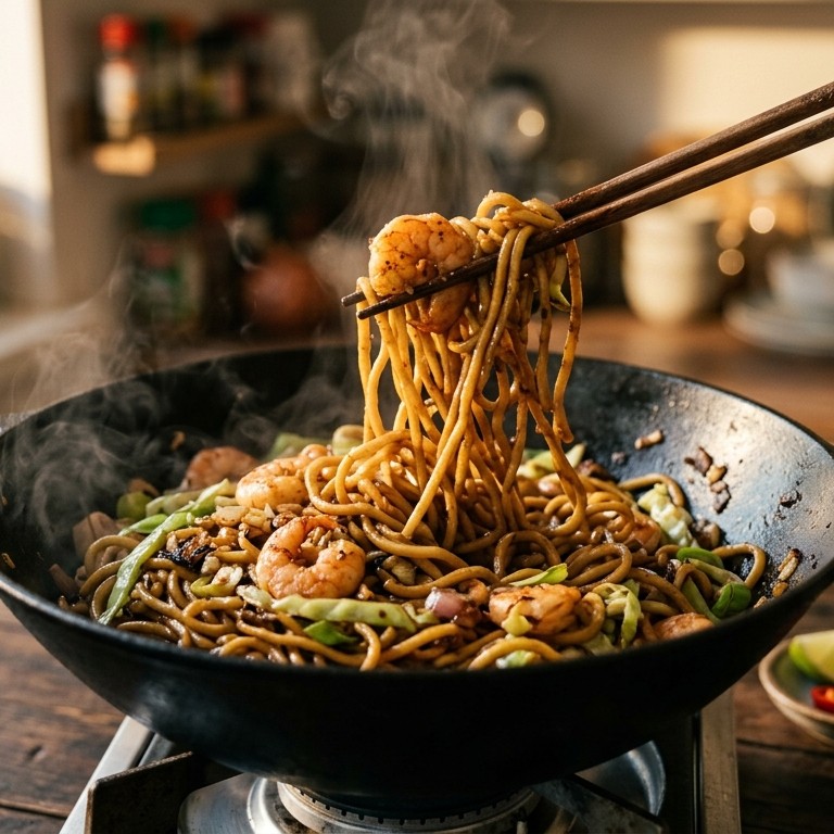 Mie goreng (streetfood uit Indonesie)met gamba,s