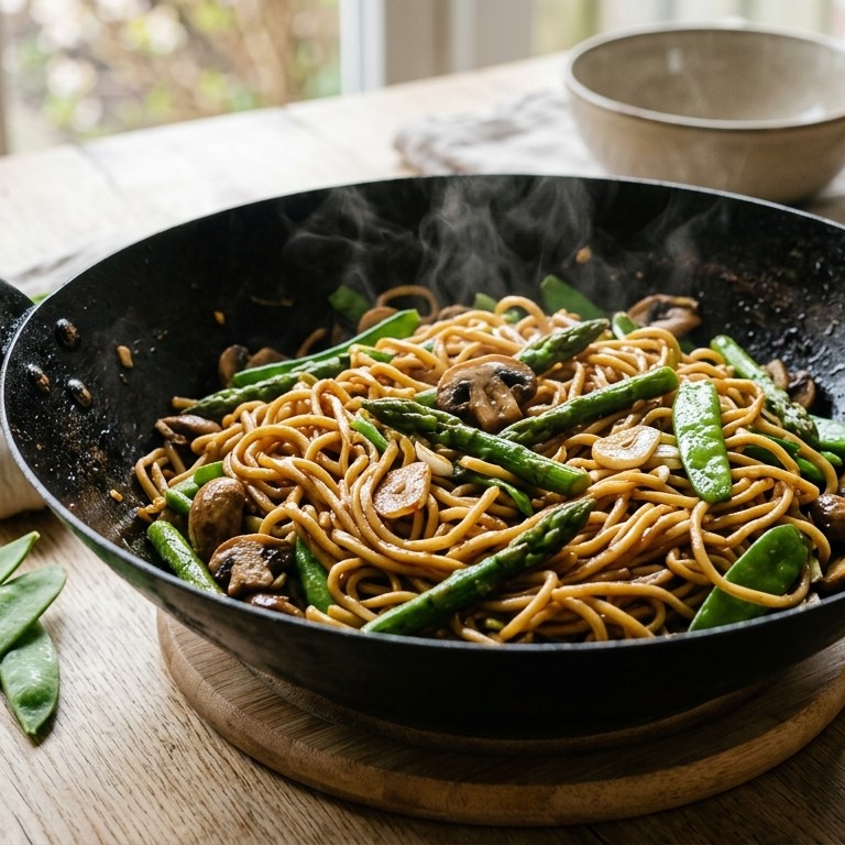 Mie met asperges en paddestoelen