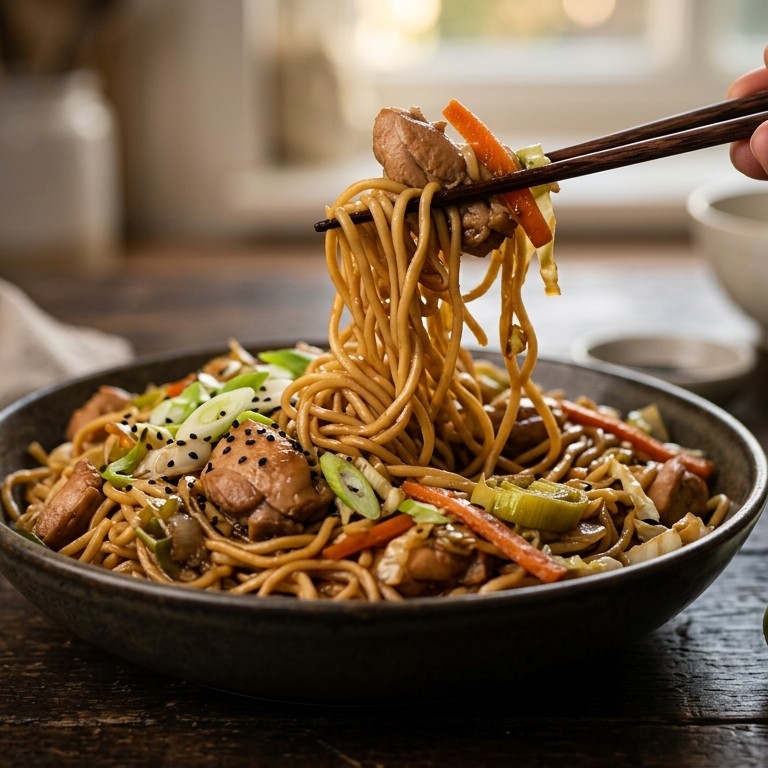 Mie met gestoofde kip in zoete woksaus