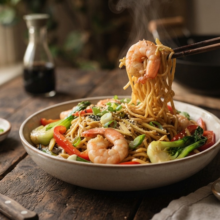 Mie met grote garnalen