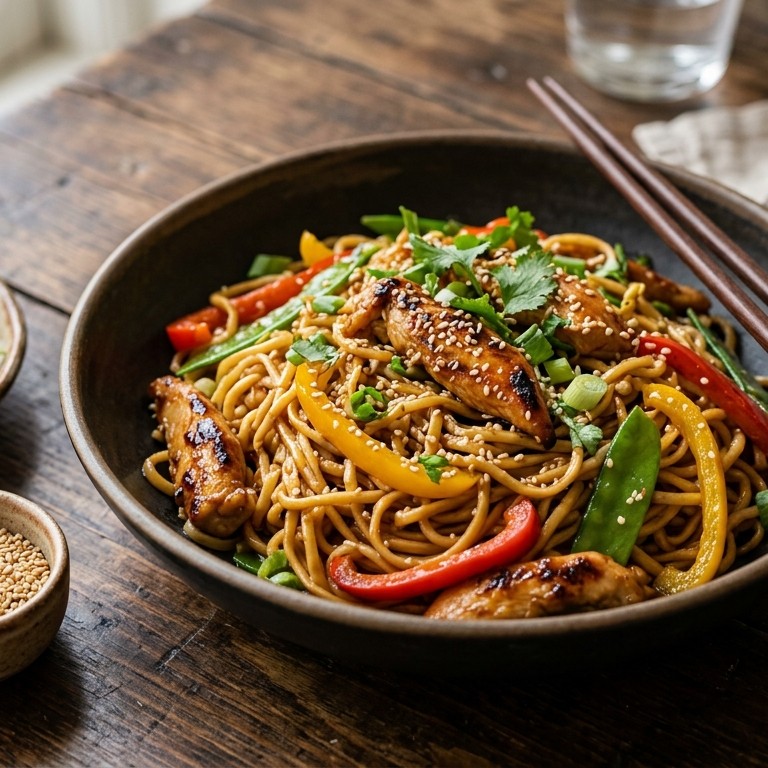 Mie met kip, paprika en honing