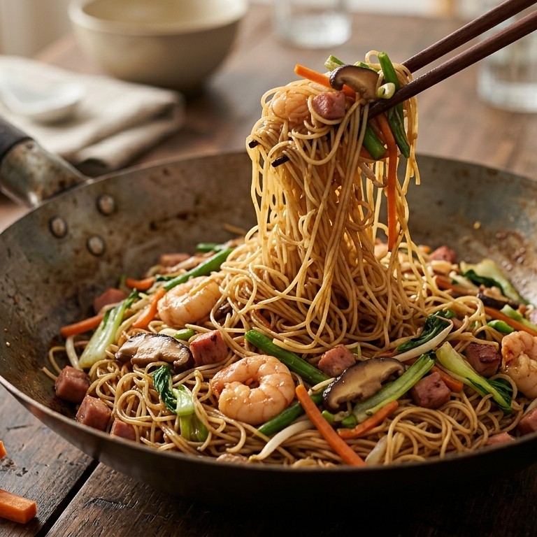 Mihoen met ham en garnalen