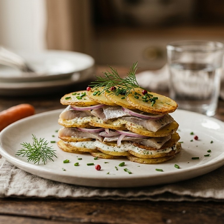 Millefeuilles van aardappelen en haring