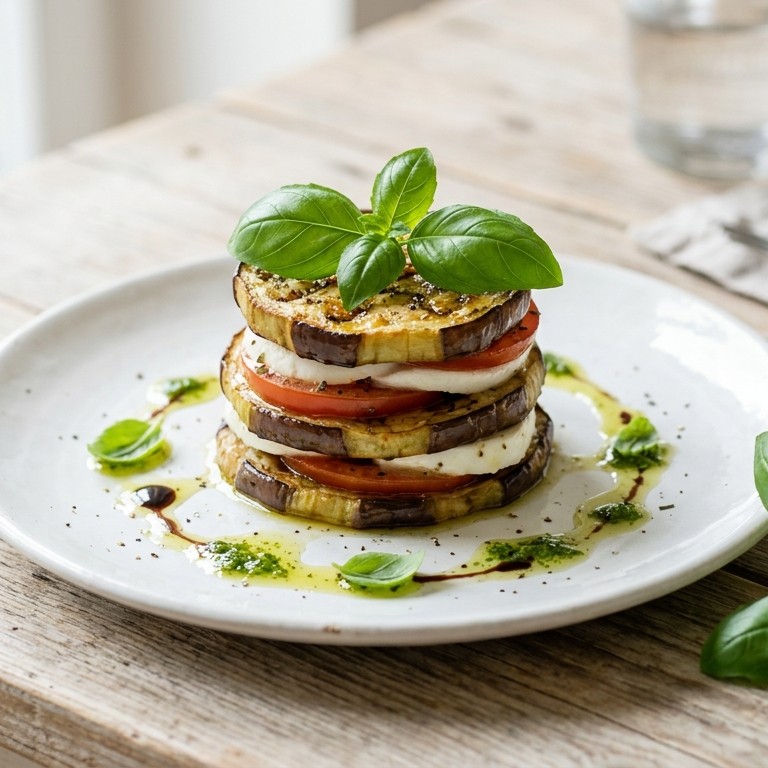 Millefeuilles van aubergine, mozzarella en tomaat
