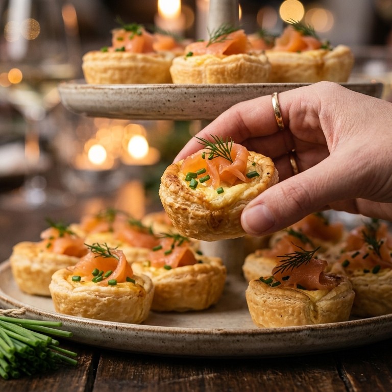 Minitaartjes gevuld met Franse kaas en gerookte zalm