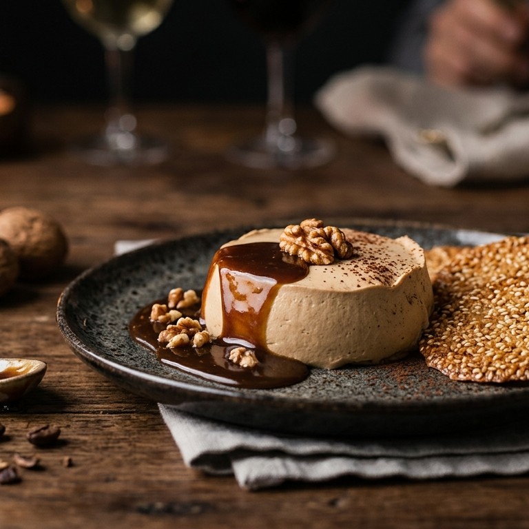 Moccamousse met walnotensaus en sesamgalettes