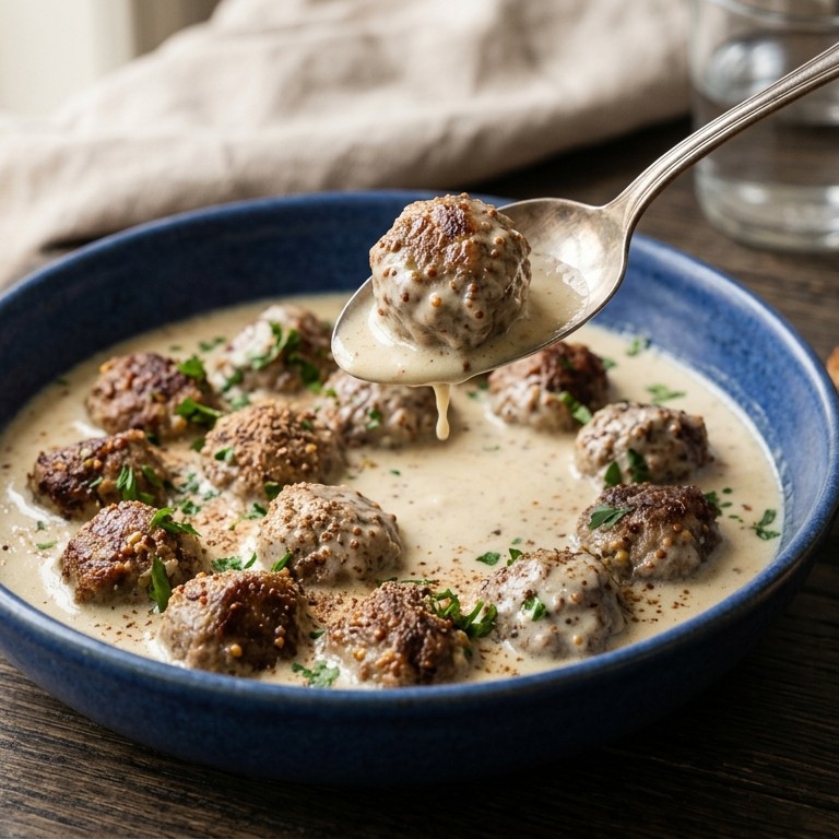 Mosterdgehaktballetjes in yoghurt-nootmuskaatsaus