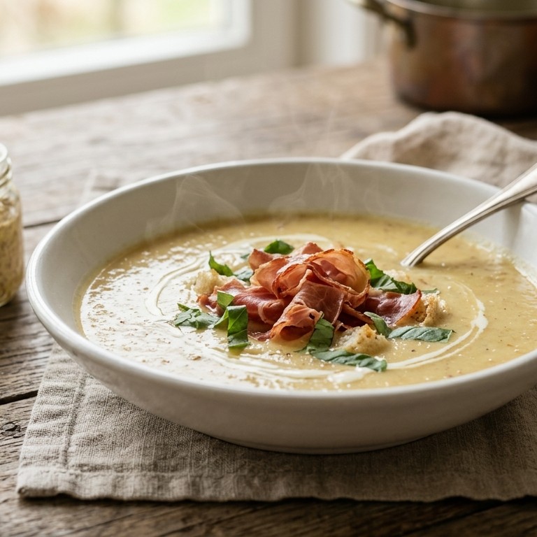 Mosterdsoep met ham en basilicum