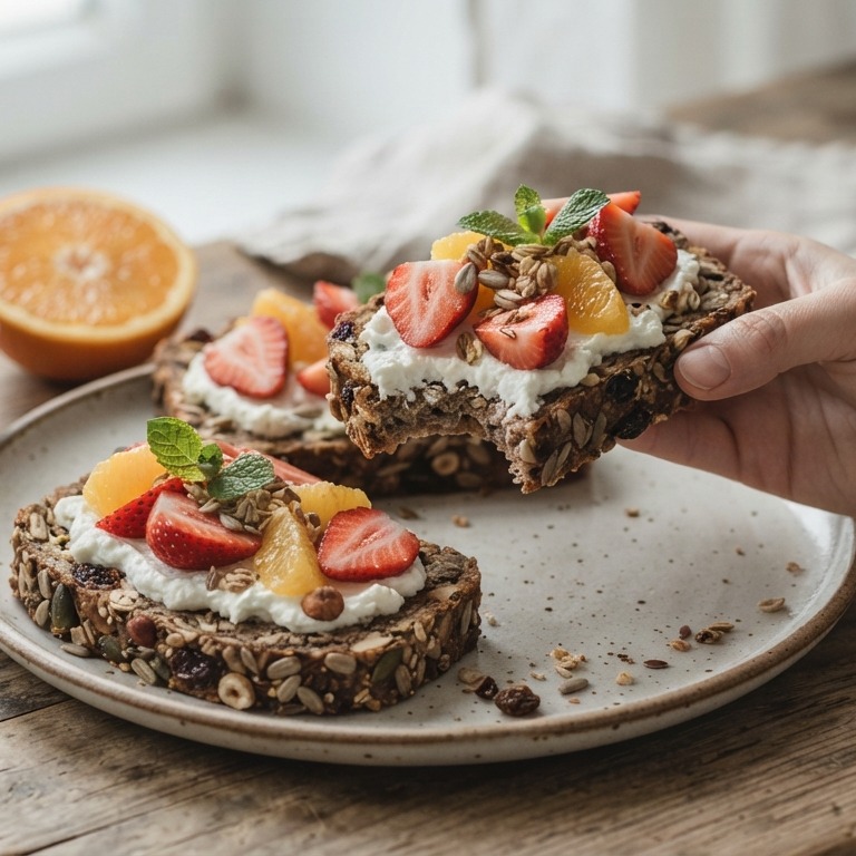 Mueslibrood met kwark en vers fruit