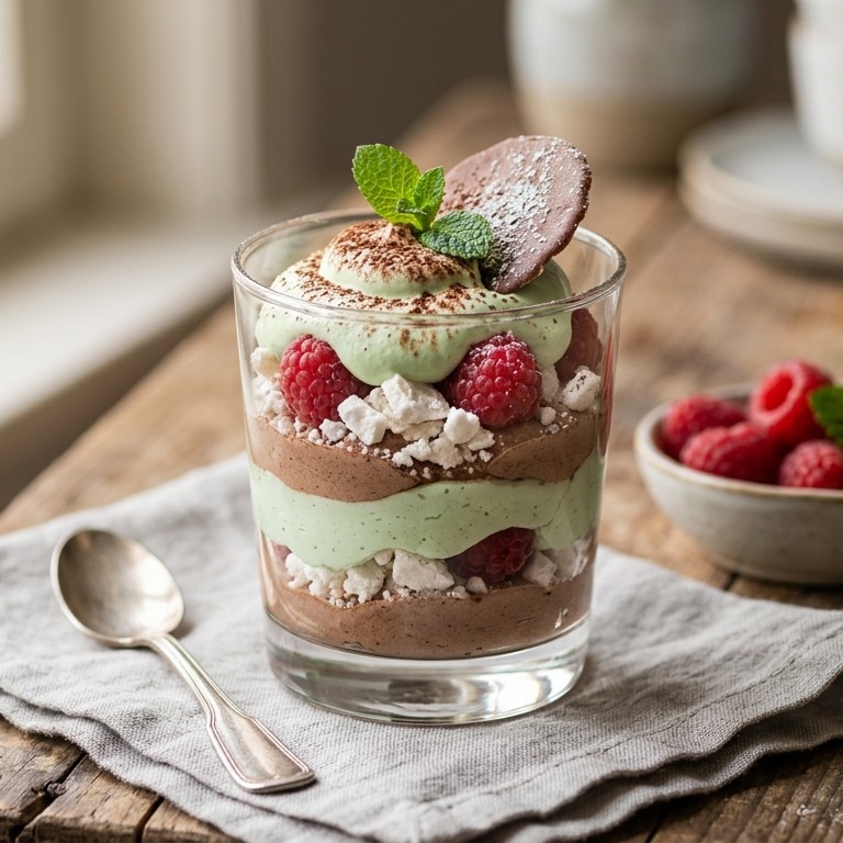 Muntchocoladeroom met schuimpjes en frambozen