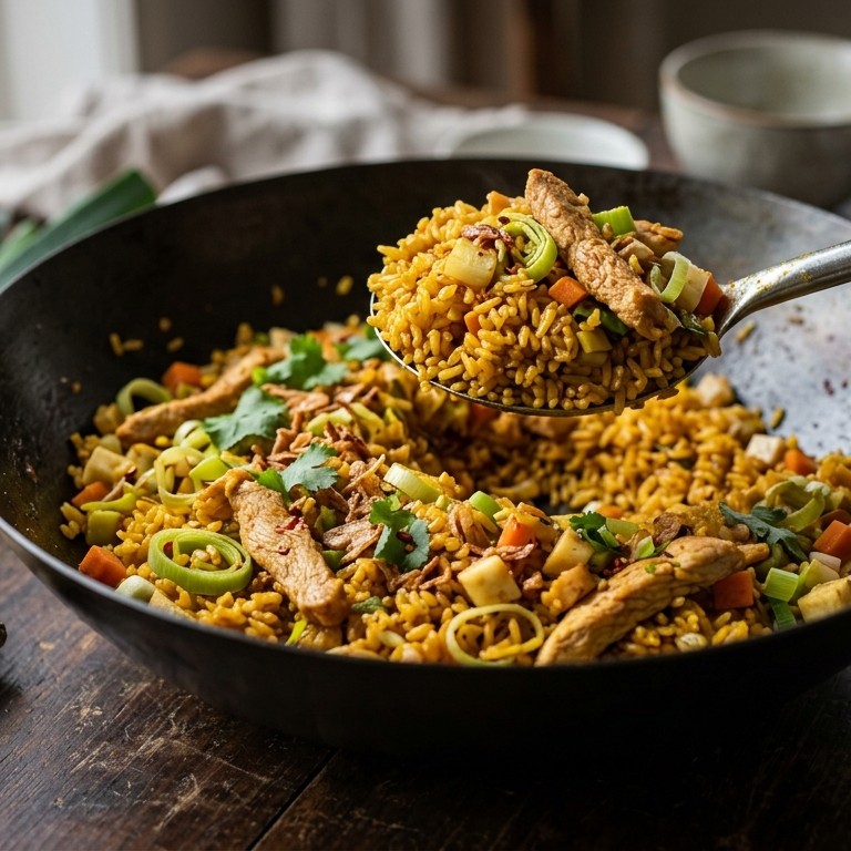 Nasi goreng met frisse groenten en kalkoenfilet