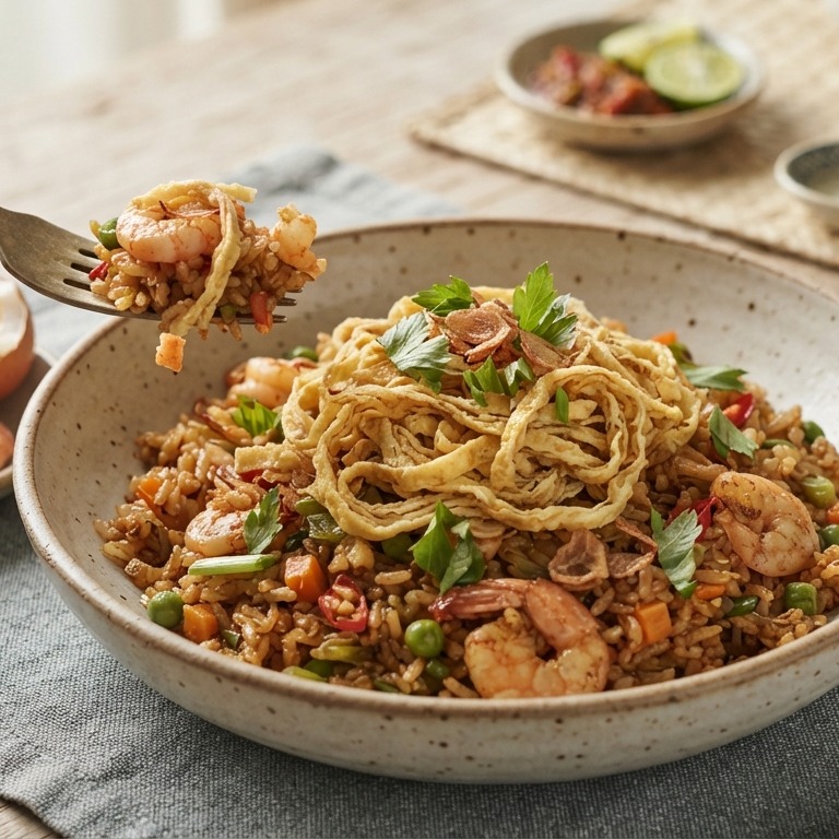 Nasi goreng met garnalen en omeletreepjes