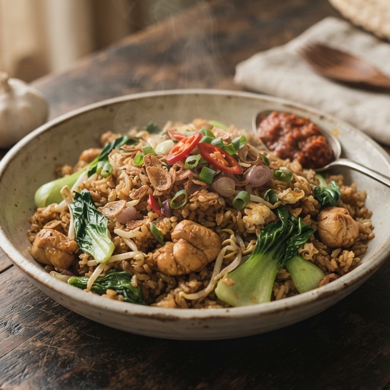 Nasi Goreng paksoi (gebakken rijst met kipfilets met paksoi)
