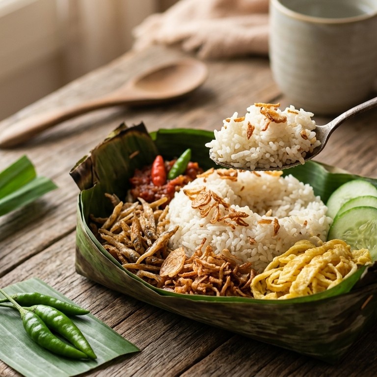 Nasi ikan uduk (vis met rijst in bananenbladeren)