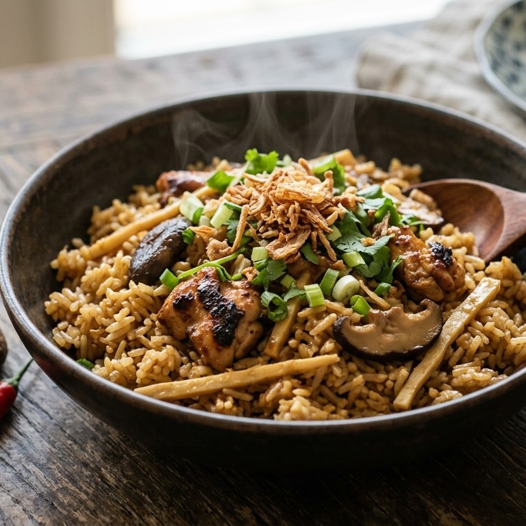 Nasi saté met kip en shii-take