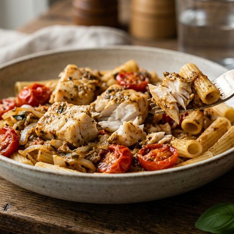 Nijlbaars uit de oven met tomaten en pasta