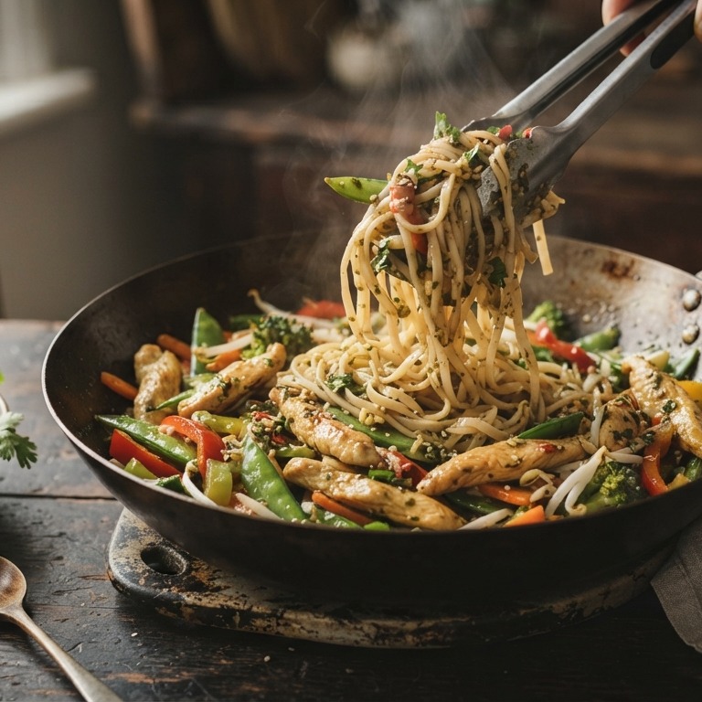 Noedels met wokgroenten en kip