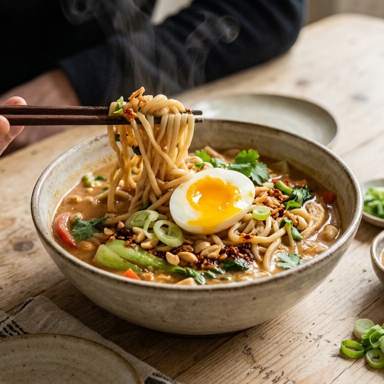 Noodle-pindasoep met ei