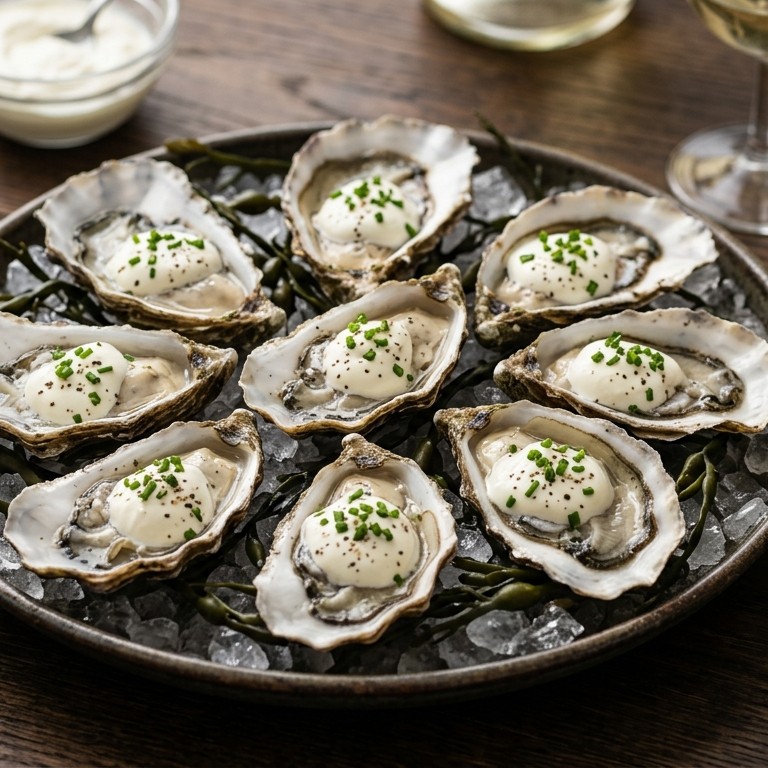 Oesters met creme fraiche en bieslook