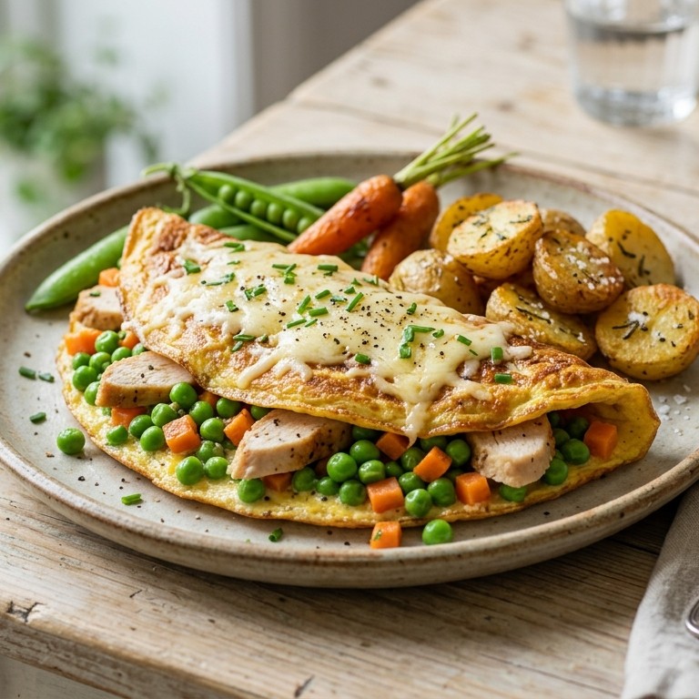 Omelet met erwtjes  worteltjes en kipfilet maison