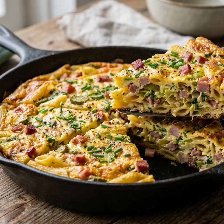 Omelet met pasta en spek