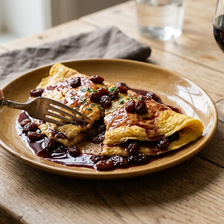 Omelet met rode wijn en rozijnen