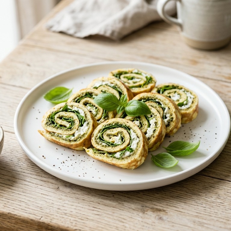 Omeletrolletjes met rucola, pesto en Hüttenkäse