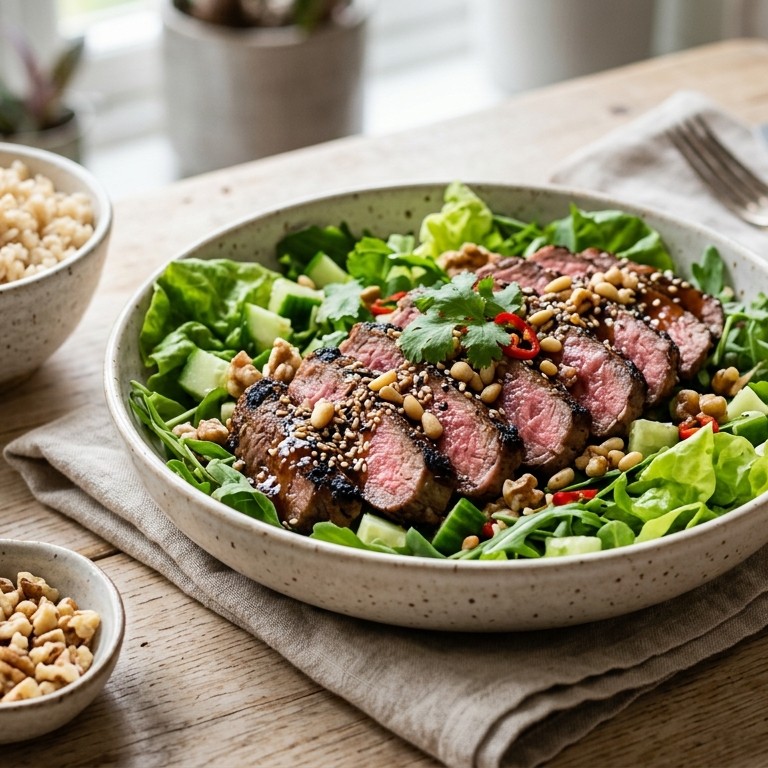 Oosterse biefstuksalade met zilvervliesrijst