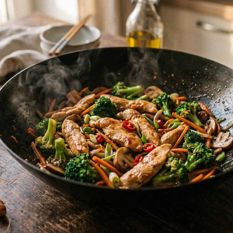 Oosterse roerbakschotel van broccoli, kip en champignons