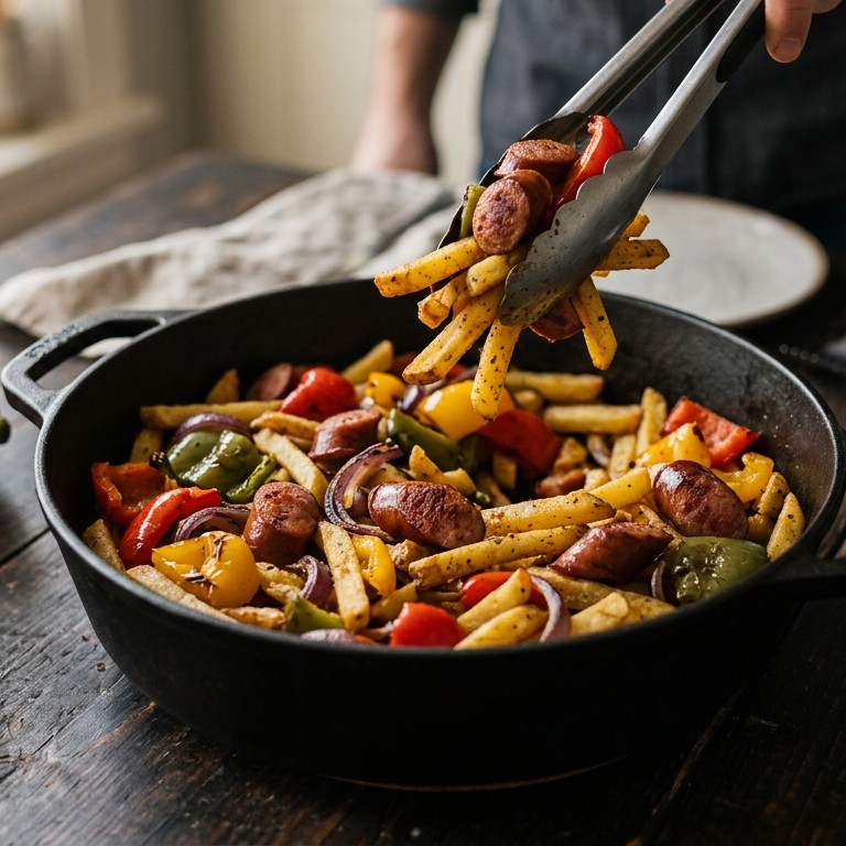 Ovenfrites met groente en worst