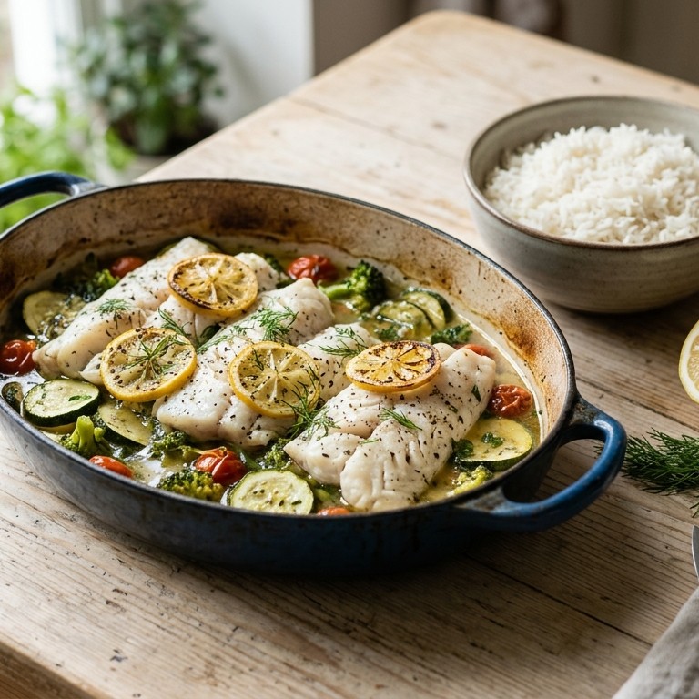Ovenkoolvis met courgette en rijst