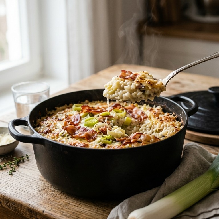 Ovenrisotto met spek & prei
