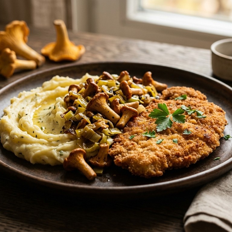 Ovenschnitzel met prei, cantharellen en aardappelpuree